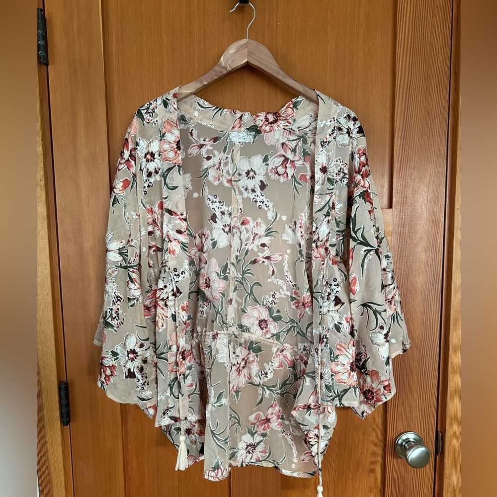 NWT Free People Beige Floral Kimono Cardigan with Pink & Green Accents